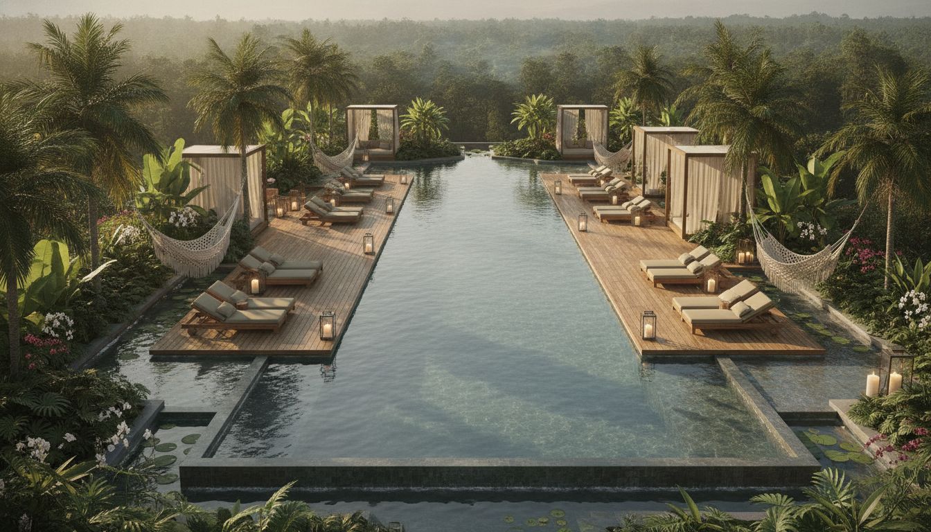 Enlace Suites facilities deck with lap pool and forest views