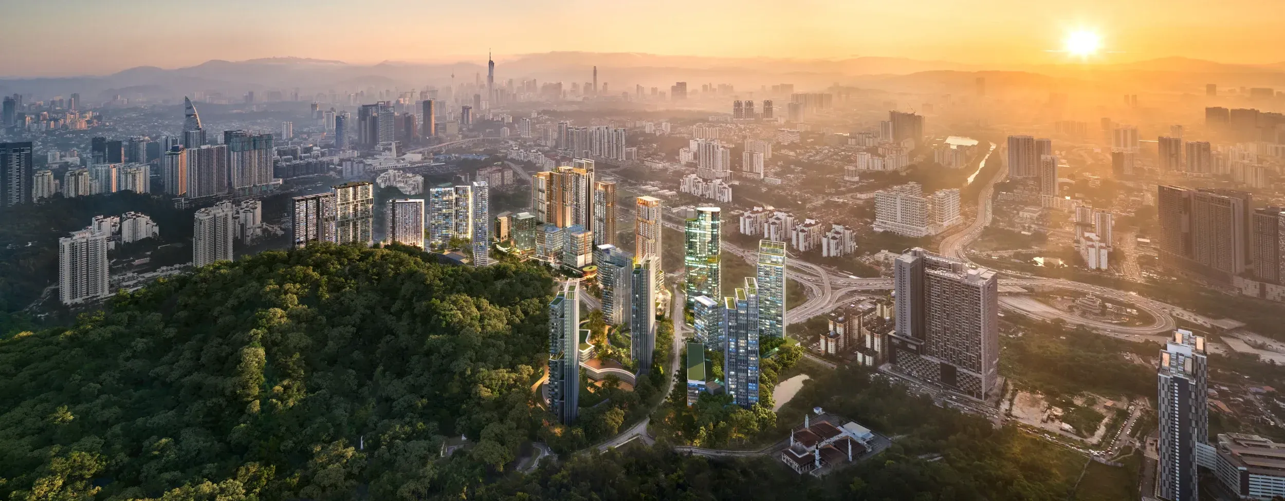 Aerial artist's impression of Pantai Sentral Park township beside Taman Rimba Bukit Kerinchi forest reserve